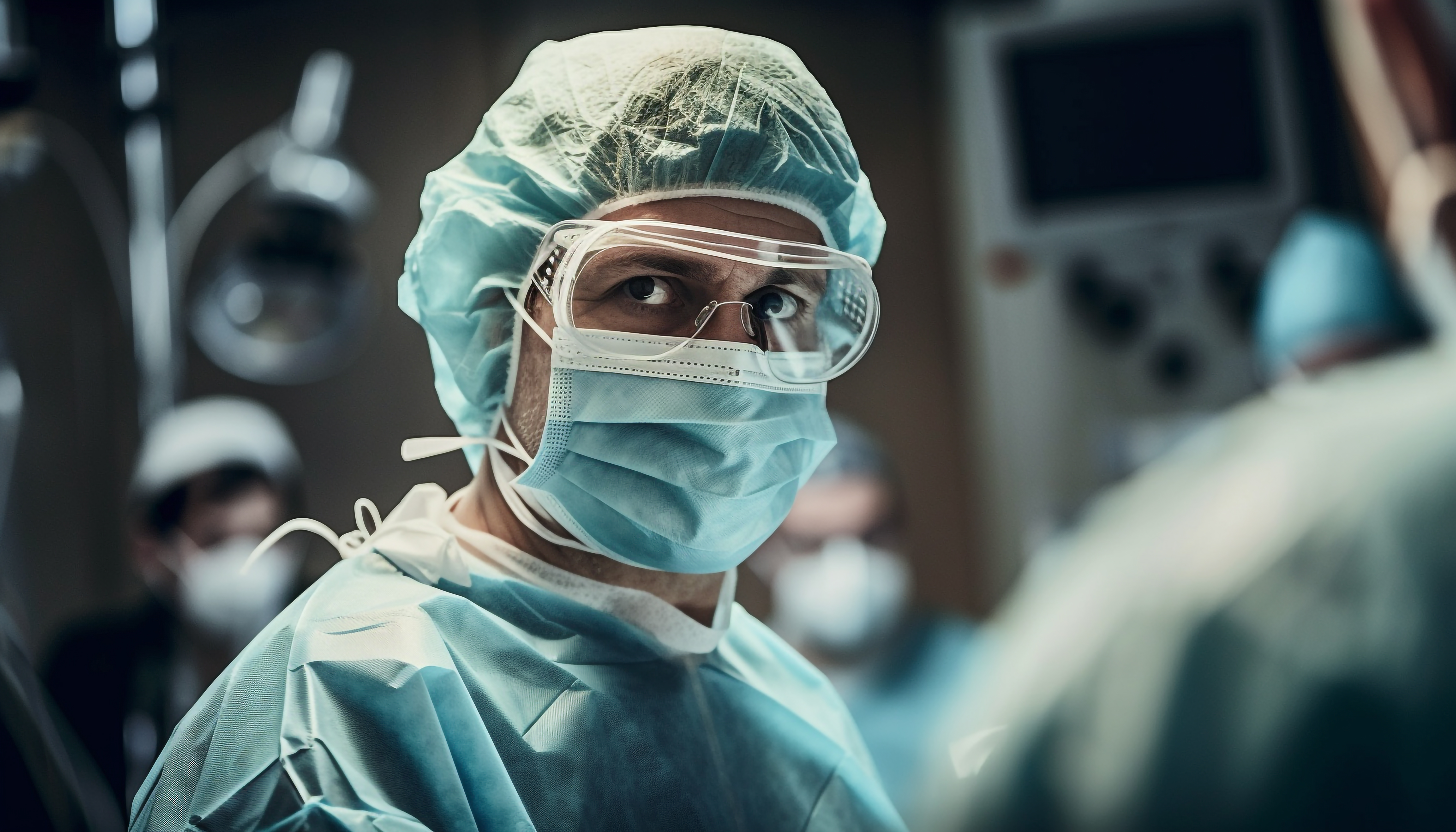 Professional surgeons in PPE perform medical procedure generated by artificial intelligence